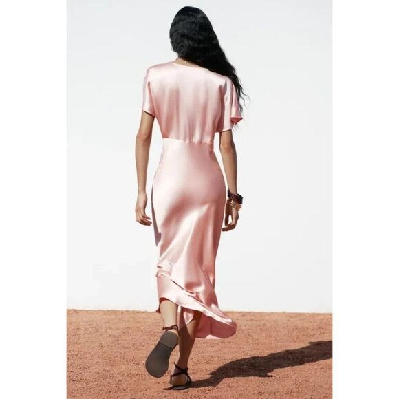 Zara Womens Midi Dress Pink Satin effect Size M Short Sleeve 2330/399 NWT - Picture 3 of 16